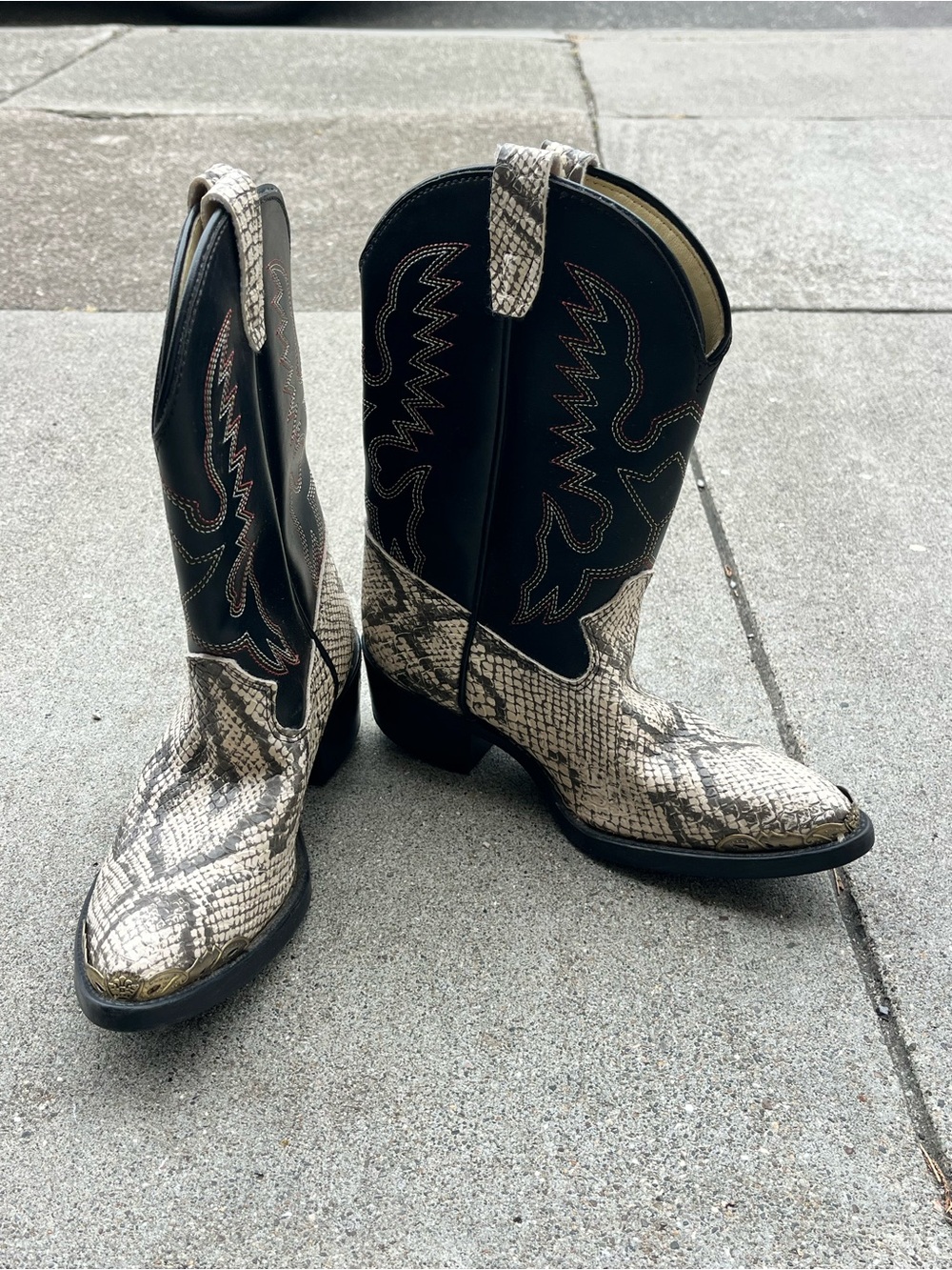 Kids Snake-Print Western Boots in Black and Cream